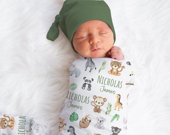 Personalized Safari Swaddle Blanket Giraffe Elephant Name Baby Blanket Newborn Baby Boy Coming Home Hospital Photo Outfit Baby Shower Gift