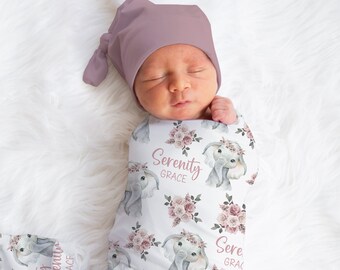 Personalized Floral Elephant Swaddle Blanket Safari Name Baby Blanket Newborn Baby Girl Coming Home Outfit Hospital Photo Baby Shower Gift