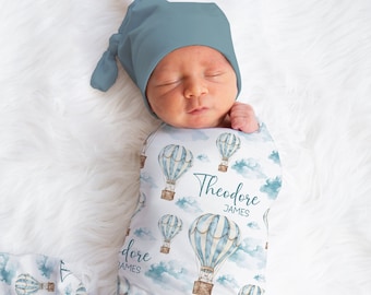 Personalized Adventure Swaddle Blanket Hot Air Balloon Name Baby Blanket Newborn Baby Boy Coming Home Hospital Outfit Baby Shower Gift