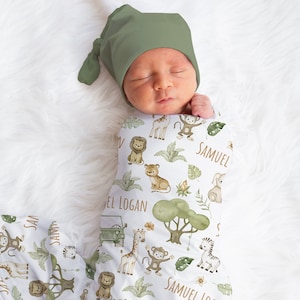 Custom Safari Swaddle Blanket, Personalized Baby Boy Elephant Name Blanket, Giraffe Lion Blanket, New Mom Gift, Newborn Gift, Baby Shower