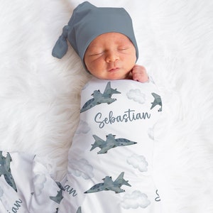 Personalized Fighter Jet Swaddle Blanket Airplane Name Baby Blanket Newborn Baby Boy Coming Home Outfit Hospital Outfit Baby Shower Gift