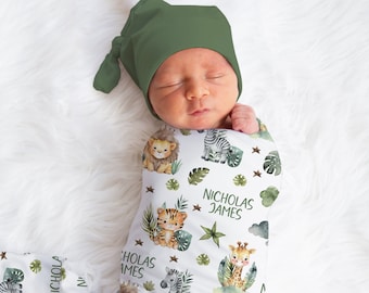Personalized Safari Swaddle Blanket Giraffe Lion Zebra Name Baby Blanket Newborn Baby Boy Coming Home Hospital Photo Outfit Baby Shower Gift