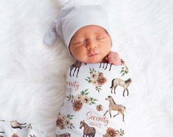 Personalized Floral Horse Swaddle Blanket Farm Name Baby Blanket Newborn Baby Girl Coming Home Outfit Hospital Photo Outfit Baby Shower Gift