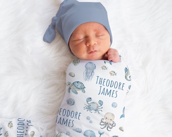 Personalized Ocean Swaddle Blanket Sea Animals Name Baby Blanket Newborn Baby Boy Coming Home Outfit Hospital Photo Outfit Baby Shower Gift