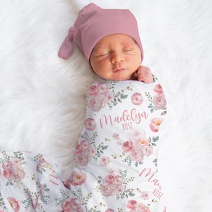 Personalized Pink Roses Swaddle Blanket For Baby Shower, Custom Flowers Newborn Baby Girl Gift,  Toddler Name Blanket, Coming Home Outfit