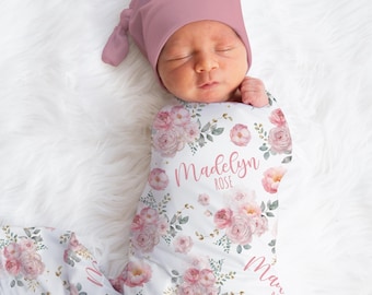 Personalized Pink Roses Swaddle Blanket For Baby Shower, Custom Flowers Newborn Baby Girl Gift,  Toddler Name Blanket, Coming Home Outfit