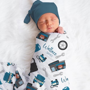Personalized Mechanic Swaddle Blanket Cars Name Baby Blanket Newborn Baby Boy Coming Home Outfit Hospital Photo Outfit Baby Shower Gift