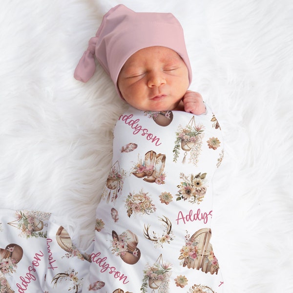 Cowgirl Name Swaddle, Custom Floral Girl Name Blanket, Personalized Baby Cowboy Hat & Boots Swaddle, Western Name Blanket, Baby Shower Gift