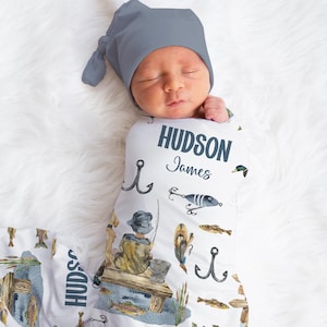 Personalized Fishing Swaddle Dog Blanket Duck Name Baby Blanket Newborn Baby Boy Coming Home Outfit Hospital Photo Outfit Baby Shower Gift