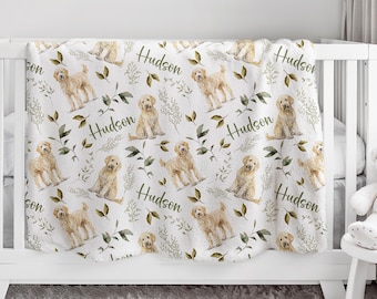 Custom Golden Doodle Nursery Baby Name Blanket, Personalized Dog Swaddle Baby Shower Gift, New Mom Hospital Blanket, Doodle Dog Newborn Gift