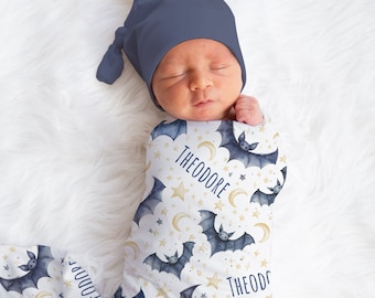 Personalized Bat Swaddle Blanket Moon Name Baby Blanket Newborn Baby Boy Coming Home Outfit Hospital Photo Outfit Baby Shower Gift