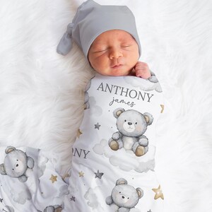 Personalized Teddy Bear Swaddle Blanket Clouds Name Baby Blanket Newborn Baby Boy Coming Home Outfit Hospital Photo Outfit Baby Shower Gift