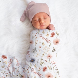 Custom Wildflowers Swaddle, Flower Baby Name Blanket, Personalized Baby Girl Floral Swaddle, New Mom Gift, Newborn Gift, Baby Shower Gift image 1