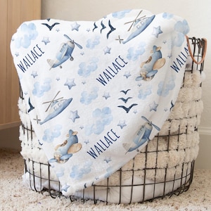Custom Airplane Baby Name Blanket Personalized Clouds Swaddle Hospital Blanket New Mom Gift Newborn Gift Baby Shower Gift Toddler Blanket