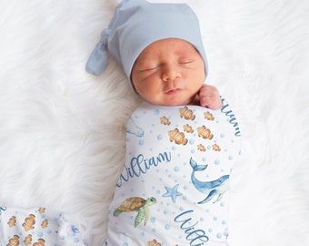 Custom Sea Animals Blanket, Boy Ocean Name Swaddle, Personalized Whale, Turtle Swaddle, New Mom Gift, Newborn Gift, Ocean Baby Shower Gift
