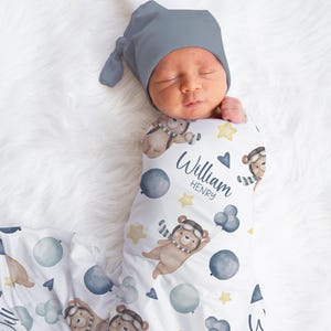 Personalized Teddy Bear Swaddle Blanket Balloon Name Baby Blanket Newborn Baby Boy Coming Home Outfit Hospital Photo Outfit Baby Shower Gift