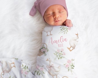 Personalized Silly Goose Swaddle Blanket For Baby Shower, Custom Pink Roses Newborn Baby Girl Gift, Toddler Name Blanket, Coming Home Outfit