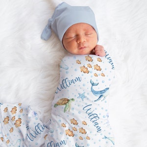 Custom Sea Animals Blanket, Boy Ocean Name Swaddle, Personalized Whale, Turtle Swaddle, New Mom Gift, Newborn Gift, Ocean Baby Shower Gift