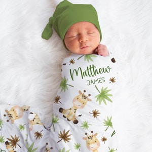 Personalized Giraffe Baby Name Blanket Custom Safari Swaddle Giraffe Hospital Blanket New Mom Gift Newborn Gift Baby Shower Gift Boy Blanket