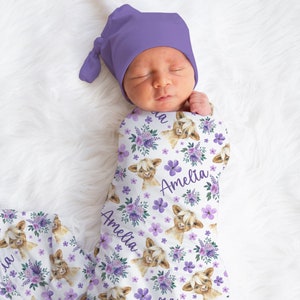 Custom Purple Floral Highland Cow Baby Name Blanket Personalized Wildflower Swaddle Blanket New Mom Gift Newborn Baby Shower Gift Toddler