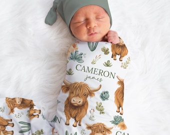 Personalized Highland Cow Swaddle Blanket Farm Name Baby Blanket Newborn Baby Boy Coming Home Outfit Hospital Photo Outfit Baby Shower Gift