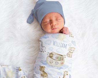 Personalized Noah's Ark Swaddle Blanket Safari Name Baby Blanket Newborn Baby Boy Coming Home Outfit Hospital Photo Outfit Baby Shower Gift
