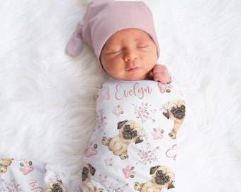 Personalized Pug Puppy Swaddle Blanket Wildflower Dog Name Baby Blanket Newborn Baby Girl Coming Home Outfit Dog Lover Baby Shower Gift