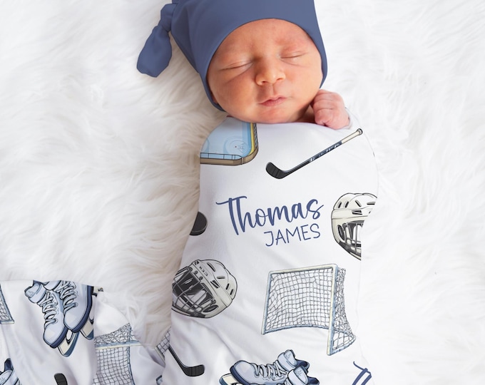 Personalized Hockey Swaddle Blanket For Baby Shower, Custom Sport Newborn Baby Boy Gift, Hockey Toddler Name Blanket, Coming Home Outfit