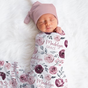 Personalized Purple Flower Swaddle Blanket Wildflower Name Baby Blanket Newborn Baby Girl Coming Home Outfit Hospital Photo Baby Shower Gift