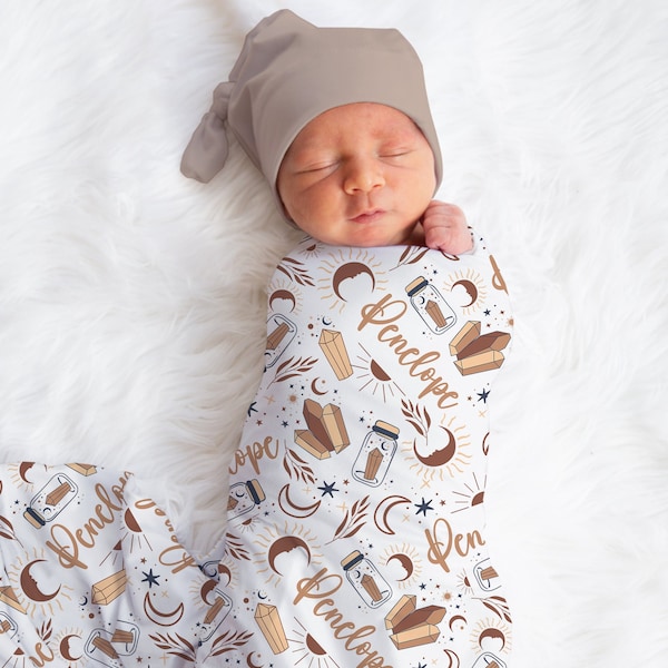 Personalized Boho Magic Swaddle Blanket Witchy Moon & Stars Name Baby Blanket Newborn Baby Girl Coming Home Outfit Wizard Baby Shower Gift