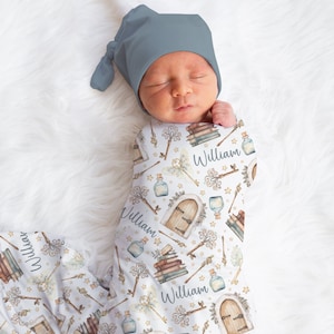 Personalized Wizard Book Swaddle Blanket Magic Keys Name Baby Blanket Newborn Baby Boy Coming Home Hospital Photo Outfit Baby Shower Gift