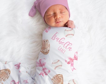 Personalized Pink Bow Swaddle Blanket Baseball Name Baby Blanket Newborn Baby Girl Coming Home Outfit Hospital Photo Outfit Baby Shower Gift