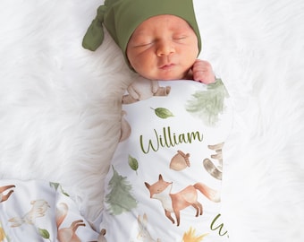 Personalized Racoon Swaddle Blanket For Baby Shower, Custom Squirrel Newborn Baby Boy Gift, Rabbit Toddler Name Blanket, Coming Home Outfit