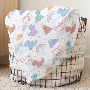 Custom Dinosaur Nursery Baby Name Blanket, Personalized Rainbow Swaddle Baby Shower Gift, Dino New Mom Hospital Blanket, Stars Newborn Gift