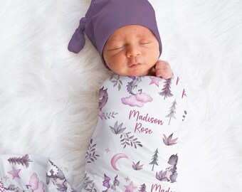 Custom Pink Dragon Baby Girl Swaddle Personalized Baby Girl Moon And Star Name Blanket New Mom Gift Newborn Gift Fairy Tale Baby Shower Gift