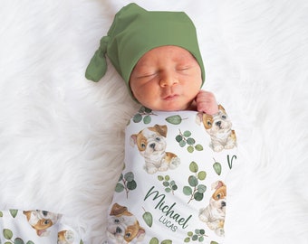 Personalized English Bulldog Puppy Swaddle Blanket Dog Name Baby Blanket Newborn Baby Boy Coming Home Outfit Dog Lover Gift Baby Shower Gift