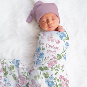 Personalized Pink Flowers Swaddle Blanket For Baby Shower, Custom Floral Newborn Baby Girl Gift,  Toddler Name Blanket, Coming Home Outfit
