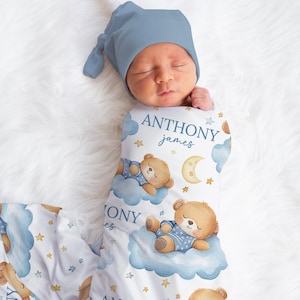 Personalized Teddy Bear Swaddle Blanket Clouds Name Baby Blanket Newborn Baby Boy Coming Home Outfit Hospital Photo Outfit Baby Shower Gift