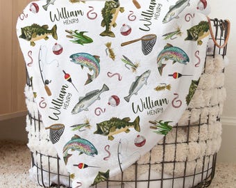 Custom Fishing Nursery Baby Name Blanket, Personalized Fishes Swaddle Baby Shower Gift, Fisher New Mom Hospital Blanket, Newborn Gift