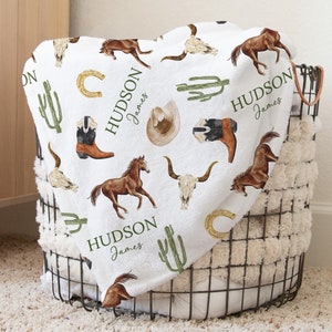 Custom Western Baby Name Blanket Personalized Cowboy Swaddle Hospital Blanket New Mom Gift Newborn Gift Baby Shower Gift Toddler Blanket
