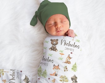 Personalized Woodland Swaddle Blanket Bear Name Baby Blanket Newborn Baby Boy Coming Home Outfit Hospital Photo Outfit Baby Shower Gift