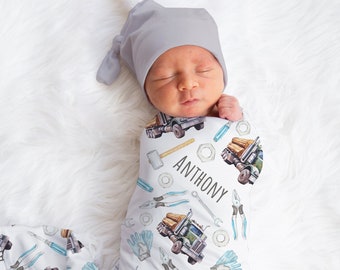 Personalized Semi Truck Swaddle Blanket Trucker Name Baby Blanket Newborn Baby Boy Coming Home Outfit Hospital Photo Outfit Baby Shower Gift