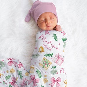 Personalized Birthday Swaddle Blanket Pink Bow Name Baby Blanket Newborn Baby Girl Coming Home Outfit Hospital Photo Outfit Baby Shower Gift