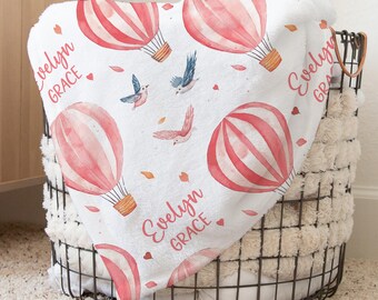 Custom Pink Hot Air Balloon Nursery Baby Name Blanket, Personalized Birds Swaddle Baby Shower Gift, New Mom Hospital Blanket, Newborn Gift