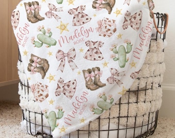 Custom Cowgirl Nursery Baby Name Blanket, Personalized Bow Swaddle Baby Shower Gift, Western New Mom Hospital Blanket, Newborn Gift