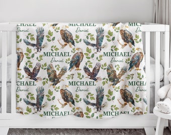 Custom Eagles Nursery Baby Name Blanket, Personalized Birds Swaddle Baby Shower Gift, Forest New Mom Hospital Blanket, Newborn Gift