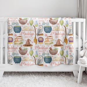 Custom Wizard Nursery Baby Name Blanket, Personalized Magic Swaddle Baby Shower Gift, Witch New Mom Hospital Blanket, Newborn Gift