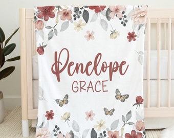 Custom Wildflowers Name Blanket, Butterfly Blanket, Personalized Baby Girl Floral Blanket, Flowers Blanket, Newborn Gift, Baby Shower Gift