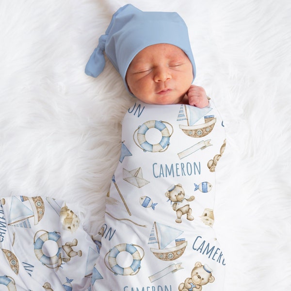 Custom Teddy Bear Blanket, Baby Boy Nautical Swaddle, Nautical Swaddle, New Mom Gift, Newborn Gift, Nautical Baby Shower Gift