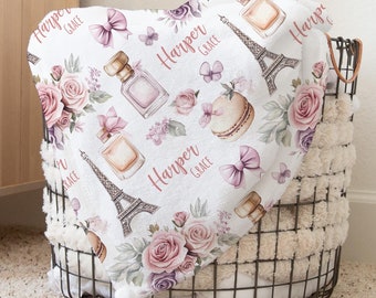 Custom Eiffel Tower Baby Name Blanket Personalized Bow Swaddle Hospital Blanket New Mom Gift Newborn Gift Baby Shower Gift Toddler Blanket